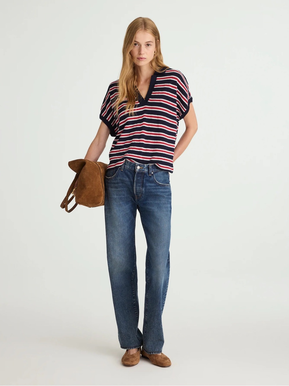 Madewell Relaxed V-Neck Polo Shirt in Stripe Size M - Picture 3 of 12